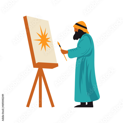 Artist diligently paints a bright sunburst on canvas creating inspiring artwork during focused creative session