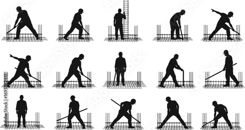 Construction worker silhouettes working on steel rebar framework, industrial labor, safety helmets, building site, construction tools, heavy work, structural framework, construction site
