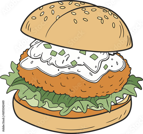 Crispy fish burger with tartar sauce and lettuce vector illustration