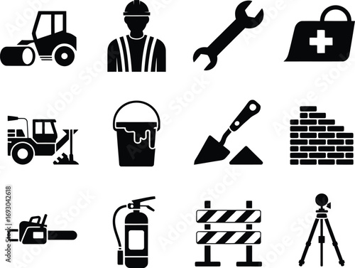 Construction icons representing tools equipment and safety measures
