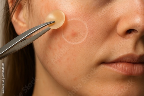 Photorealistic close-up of hydrocolloid acne patch peeled from cheek with tweezers, revealing calmer less red spot beneath, circular imprint boundary showing before versus after effect in one frame