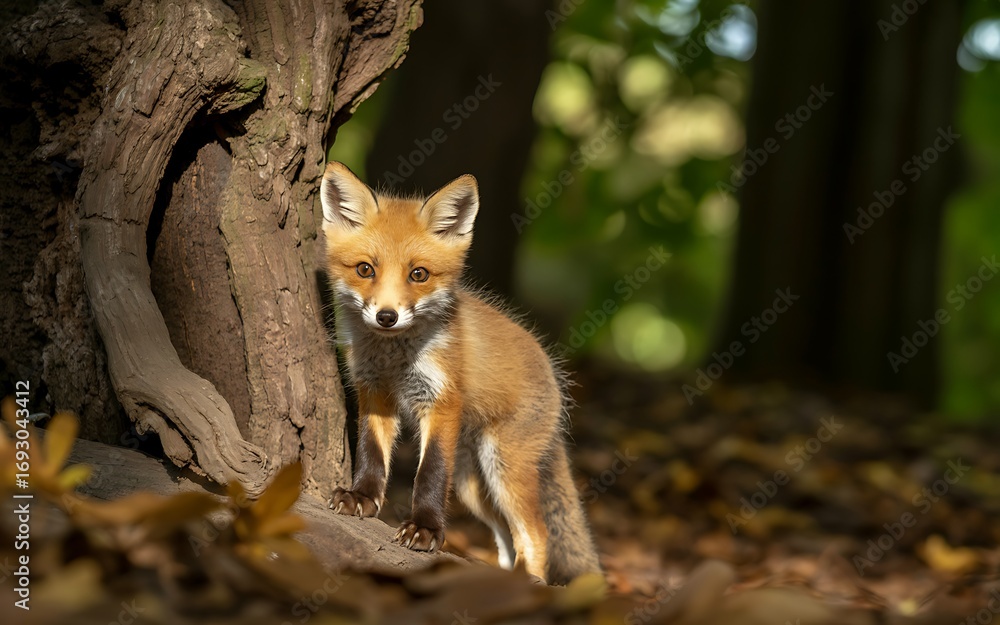 Obraz premium Fox cub near a tree trunk
