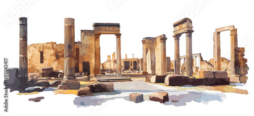 Pompeii Ruins. Pompeii Ruins watercolor vector illustration