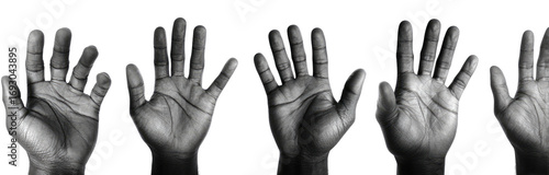 Five open hands in grayscale, set against a black background.  Each hand is detailed with visible lines and textures