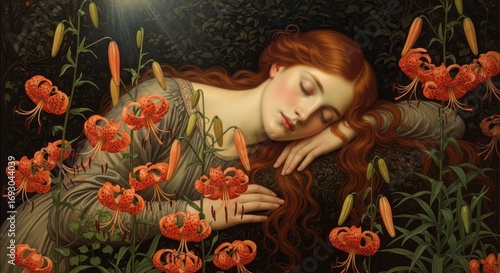 Sleeping Beauty with Tiger Lilies - Dreamy Portrait