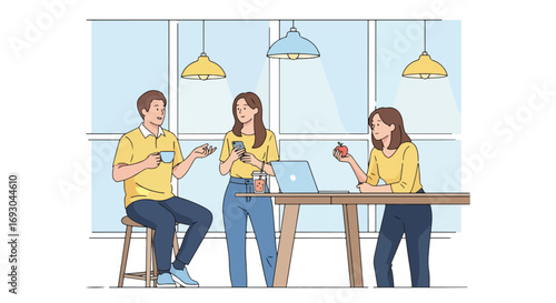 Flat style illustration of colleagues having a casual coffee break at a modern office lounge, symbolizing workplace relaxation, social interaction, and balance in professional life