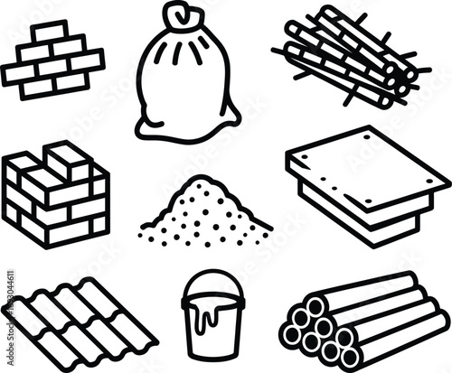 Construction materials and tools depicted in a simple line drawing style