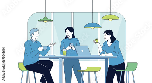 Flat style illustration of colleagues having a casual coffee break at a modern office lounge, symbolizing workplace relaxation, social interaction, and balance in professional life