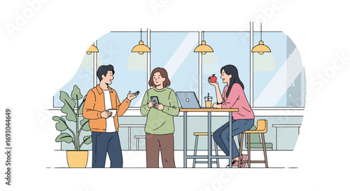 Flat style illustration of colleagues having a casual coffee break at a modern office lounge, symbolizing workplace relaxation, social interaction, and balance in professional life