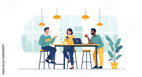 Flat style illustration of colleagues having a casual coffee break at a modern office lounge, symbolizing workplace relaxation, social interaction, and balance in professional life