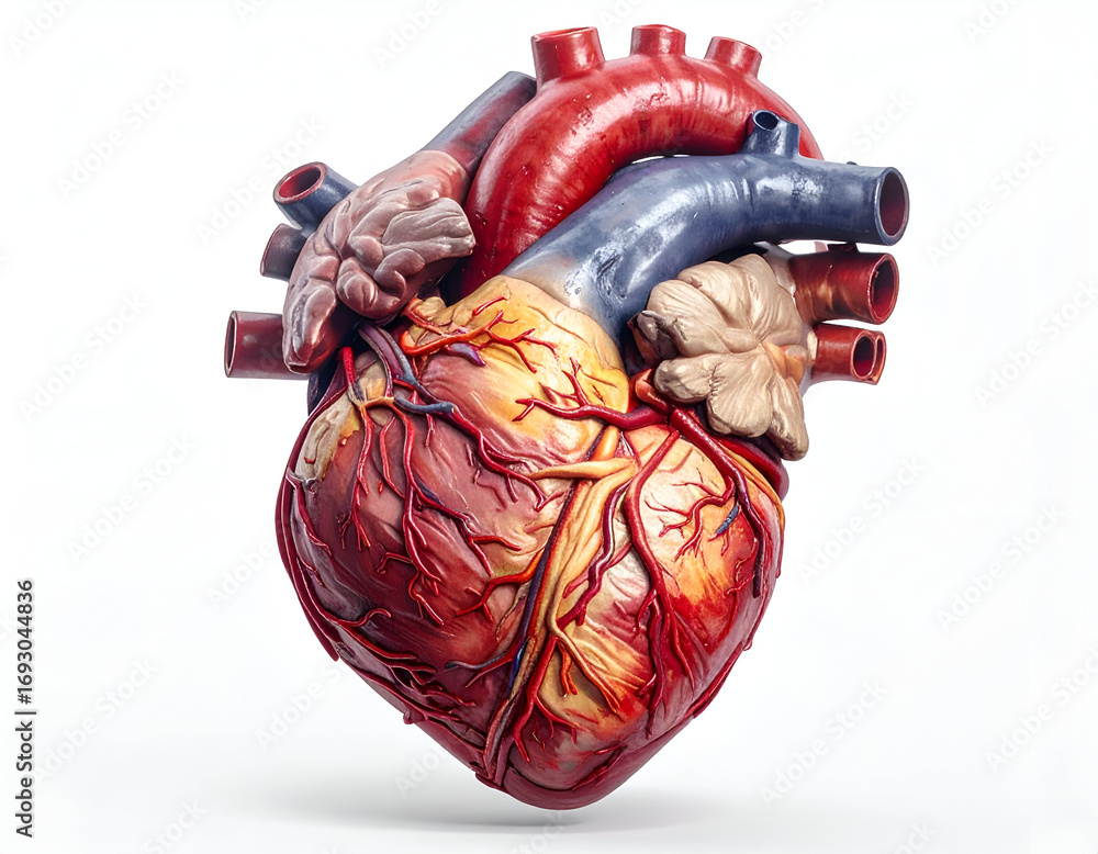 Naklejka premium Detailed anatomical model of a human heart showing blood vessels and muscular structures, designed for study and teaching.