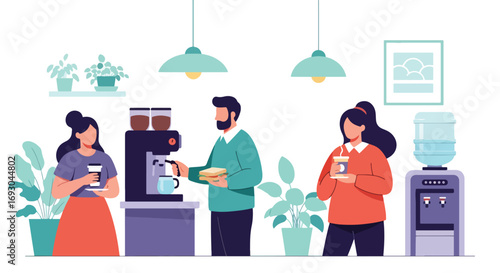 Flat style illustration of office workers enjoying coffee and snacks in a break room, symbolizing workplace relaxation, social interaction, and balance in a modern professional environment