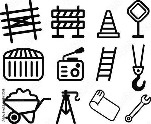 Collection of construction and industrial equipment icons in black and white outline style