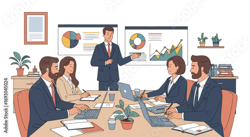 Flat style illustration of a business leader presenting charts to a corporate team in a meeting room, symbolizing strategy, teamwork, analysis, and professional growth