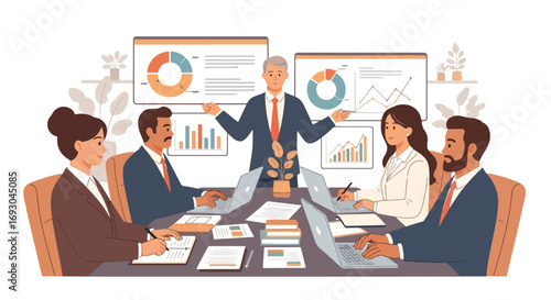Flat style illustration of a business leader presenting charts to a corporate team in a meeting room, symbolizing strategy, teamwork, analysis, and professional growth