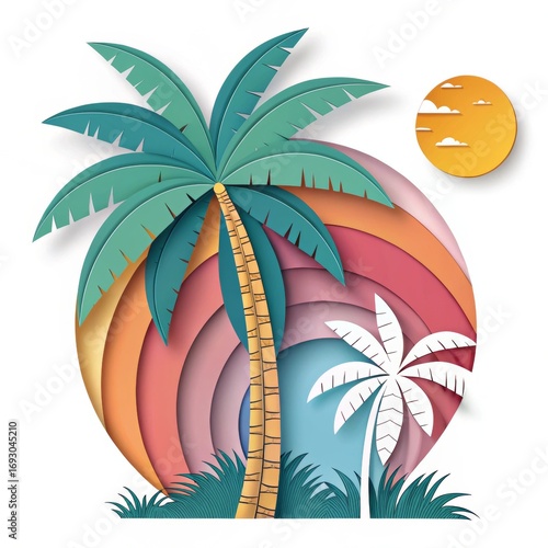 Layered papercut illustration of tropical palm trees with colorful sunset