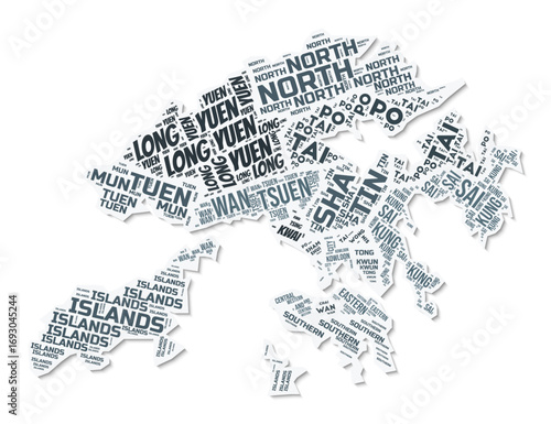 Hong Kong shape text cloud. Country border with shadow on white background. Hong Kong with regions division in vintage gazette style. Classy vector illustration.