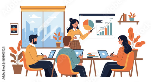 Flat style illustration of a businesswoman presenting charts to colleagues in a meeting, symbolizing teamwork, leadership, strategy, and professional growth in a modern corporate office