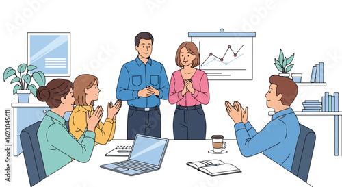 Flat style illustration of colleagues applauding during a business meeting with a presentation chart, symbolizing teamwork, success, recognition, and achievement in a professional office setting