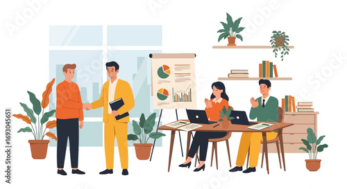 Flat style illustration of business professionals shaking hands during a meeting with charts, symbolizing partnership, teamwork, agreement, and success in a modern corporate office