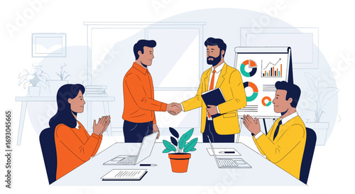 Flat style illustration of business professionals shaking hands during a meeting with charts, symbolizing partnership, teamwork, agreement, and success in a modern corporate office