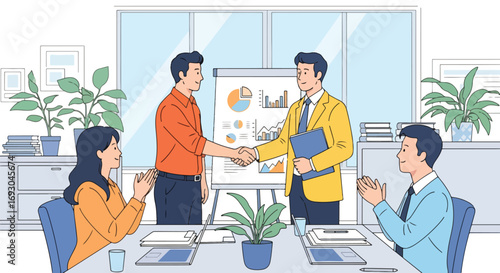 Flat style illustration of business professionals shaking hands during a meeting with charts, symbolizing partnership, teamwork, agreement, and success in a modern corporate office