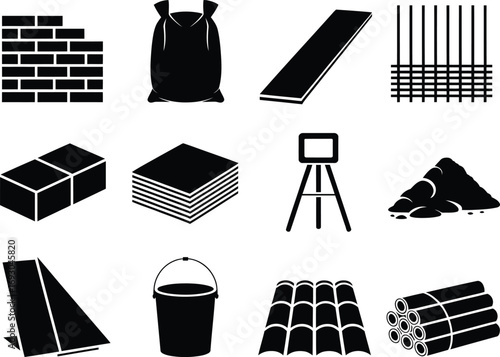Construction materials and tools icons for building and renovation projects