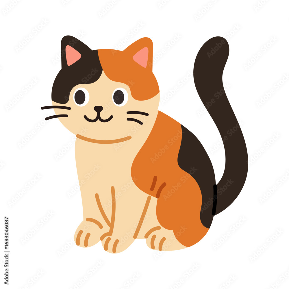 Fototapeta premium Vector playful calico cat standing and smiling. Cute cat standing with lifted tail and happy face. Funny kitten illustration.
