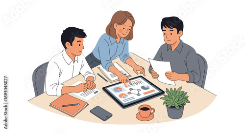 Flat style illustration of business team analyzing data on a digital tablet during a meeting, highlighting teamwork, strategy, and modern technology in a collaborative office setting