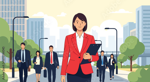 Flat style Illustration of confident businesswoman leading a diverse team through a city street, symbolizing leadership, teamwork, career success, and professional growth in a corporate environment