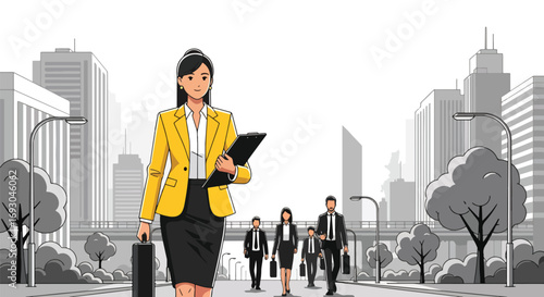 Flat style Illustration of confident businesswoman leading a diverse team through a city street, symbolizing leadership, teamwork, career success, and professional growth in a corporate environment