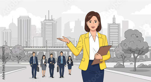 Flat style Illustration of confident businesswoman leading a diverse team through a city street, symbolizing leadership, teamwork, career success, and professional growth in a corporate environment