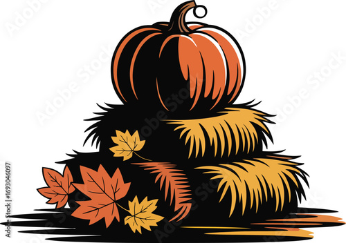 Vibrant Vector Illustration of a Pumpkin Silhouette on Hay Bales with Autumn Leaves, Showcasing Fall Colors and Harvest Season in a Detailed Design
