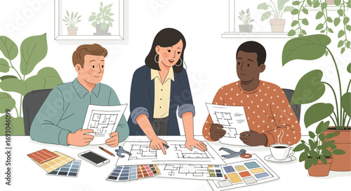 Flat style Illustration of architects collaborating on blueprints at an office desk with plants, design tools, and color palettes, symbolizing teamwork, creativity, and modern workspace planning
