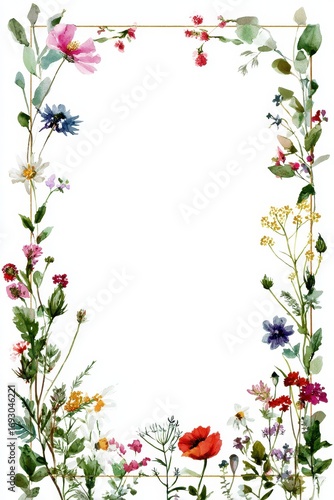 Vibrant Watercolor Floral Rectangle. Hand-Painted Wildflowers and Leaves Framing a Bright White Background