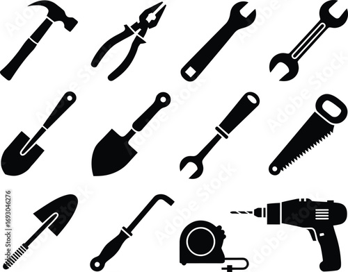 Collection of black and white silhouettes of various hand and power tools