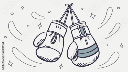 Hand Drawn Doodle Style Boxing Gloves Hanging with Motion Lines and Sparkle Elements, Cute Cartoon Sports Equipment Illustration Vector.