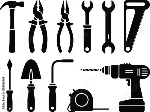 Collection of black silhouettes of various hand and power tools