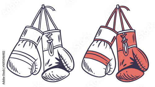 Pair of Cartoon red and white  Boxing Gloves Hanging Vintage Style vector, Hand Drawn Doodle Style Sports Equipment Illustration Vector.