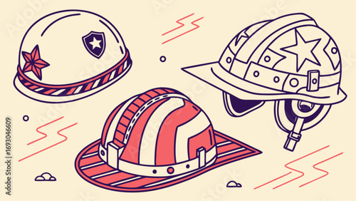 Three Distinctive Illustrated Helmets with Unique Emblems and Patterns vector.