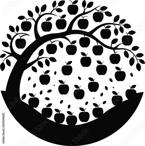 Apple Tree Silhouette Vector Illustration: A Timeless Design with Abundant Fruit, Perfect for Nature-Themed Projects and Orchard-Inspired Graphics in Black and White