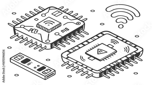 Hand drawn isometric microchips and electronic vector components in a black and white doodle style.