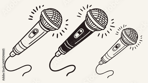 Three Hand Drawn Dynamic Microphones with Wire Black and White Line Style vector. 