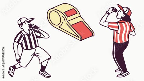 This engaging line art vector illustration depicts a lively football (soccer) scene featuring a referee blowing a whistle and a player reacting during a match. 
