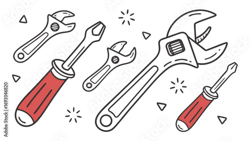 Cartoon style hand tools vector collection featuring wrenches and screwdrivers with red handles and bold black outlines.