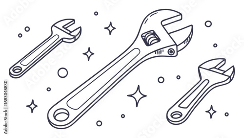 Outlined Adjustable Wrench and Two Fixed Wrenches in Vector Illustration.