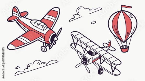 Set of hand drawn vintage vector aircraft illustrations including a monoplane biplane and hot air balloon.