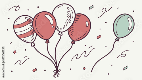Hand Drawn Festive Balloons with Confetti and Swirls vector.