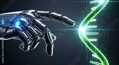 Robotic Hand Touching DNA Double Helix Representing Artificial Intelligence