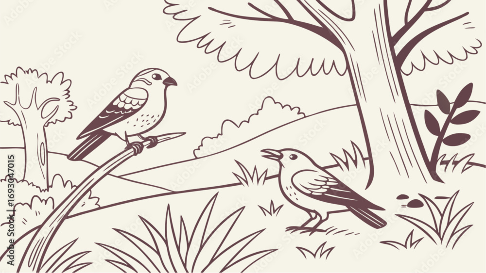 Fototapeta premium Two Birds in a Simple Line Drawing Landscape vector.